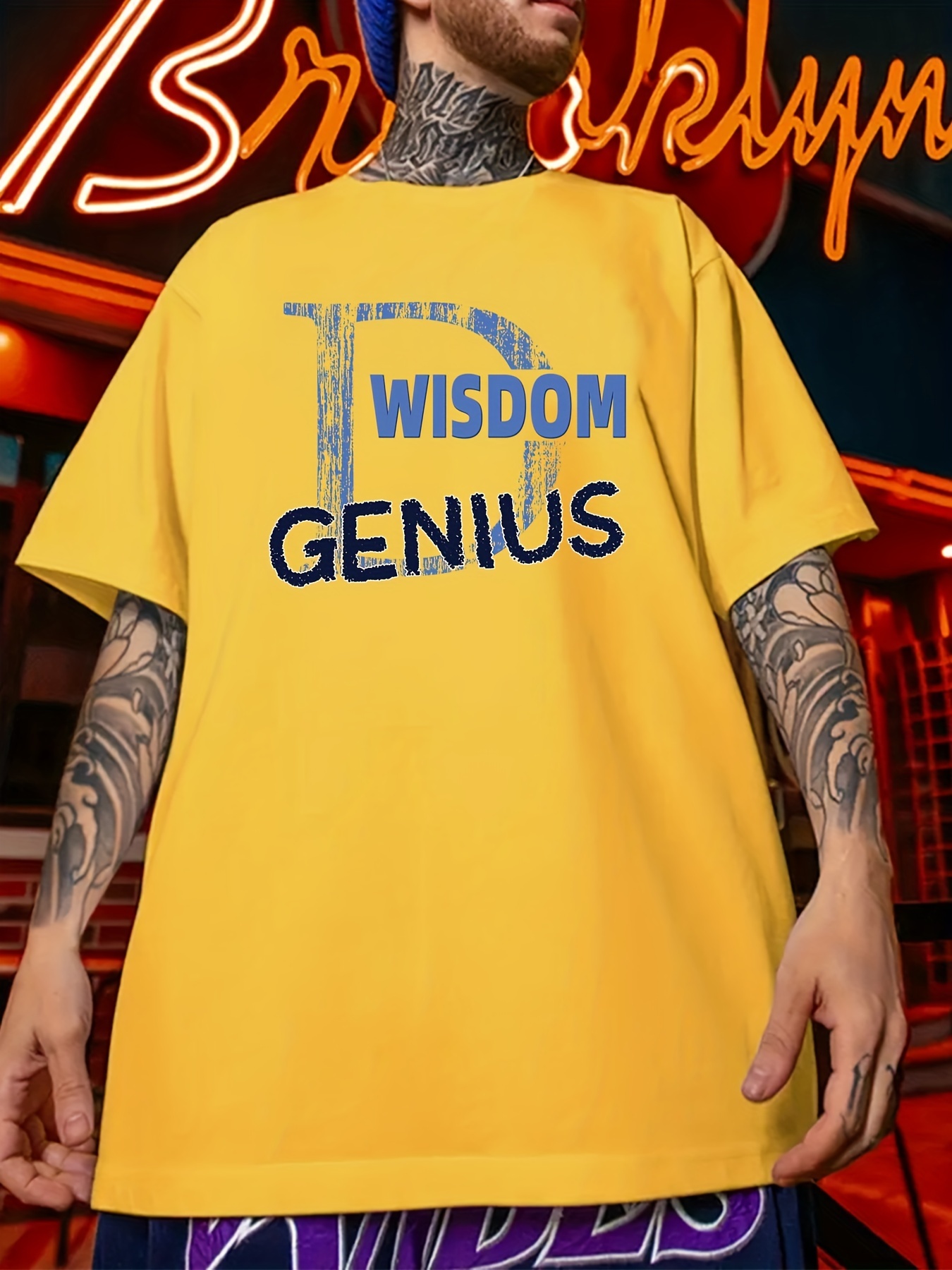 white blue and yellow graphic tee