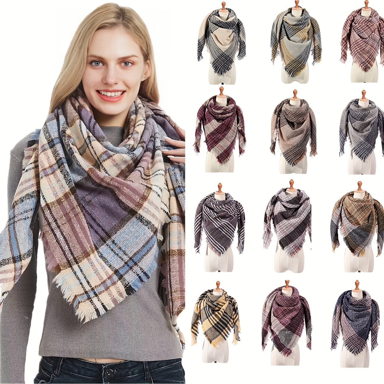 Fashion Lady Faux Wool Scarf Checked Shawl Plaid Wrap Fringe Casual Warm  Outdoor