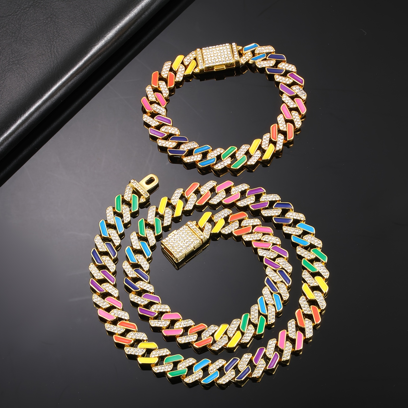 Colorful Cuban Link Chain Enamel Necklace Bracelet Set Hip Hop Jewelry For  Men And Women - Temu