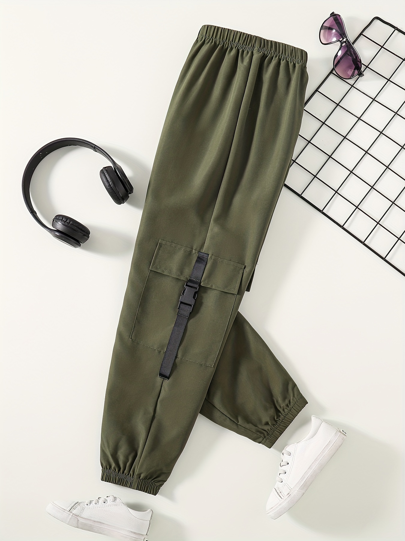 Boys And Girls Shiny Cargo Pants Street Style Elastic Belt Multi-pocket  Fashion Jogger Pants