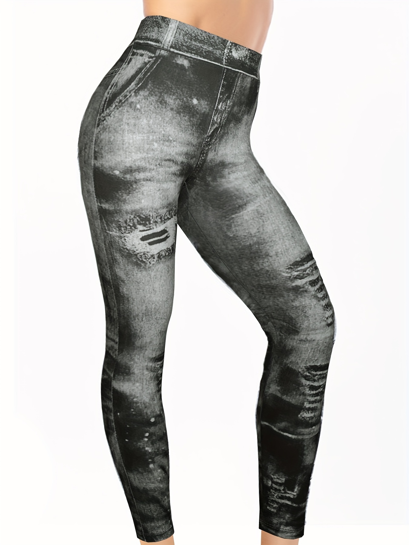 Women High Waist Imitation Distressed Denim Jeans Leggings Slim