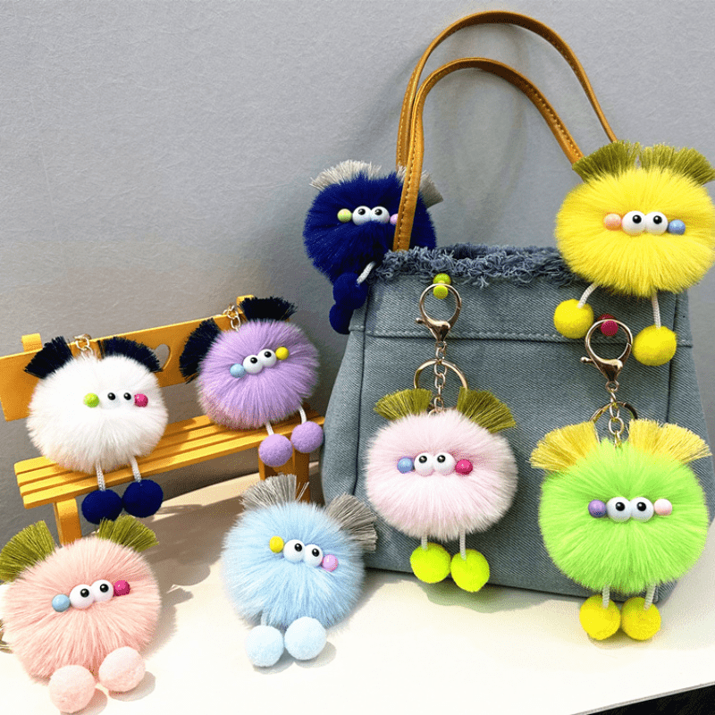 Cute Monster Pom Pom Ball Fluffy Ball Keychain Keyring Key Chain Ring Bag  Charm