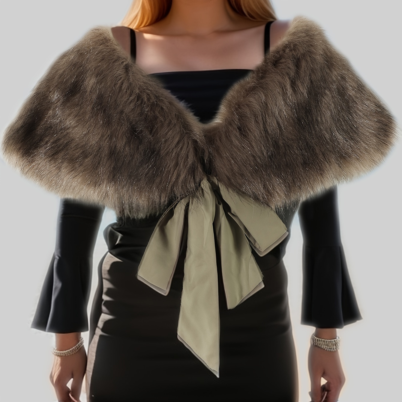 Solid Color Faux Fur Shawl, Elegant Style Thickened Warm Furry Cape With  Rhinestone Buckle, Wedding Dress Outside Warm Plush Shawl For Bridal