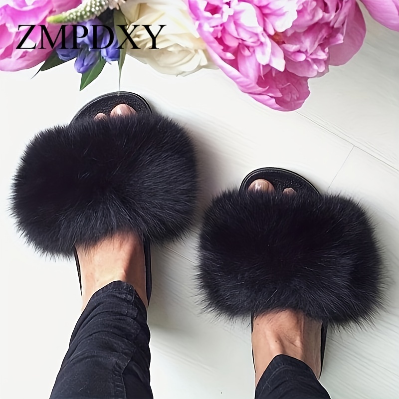 Slippers For Women Pearl Letter Decor Fluffy Furry Slides Faux fur