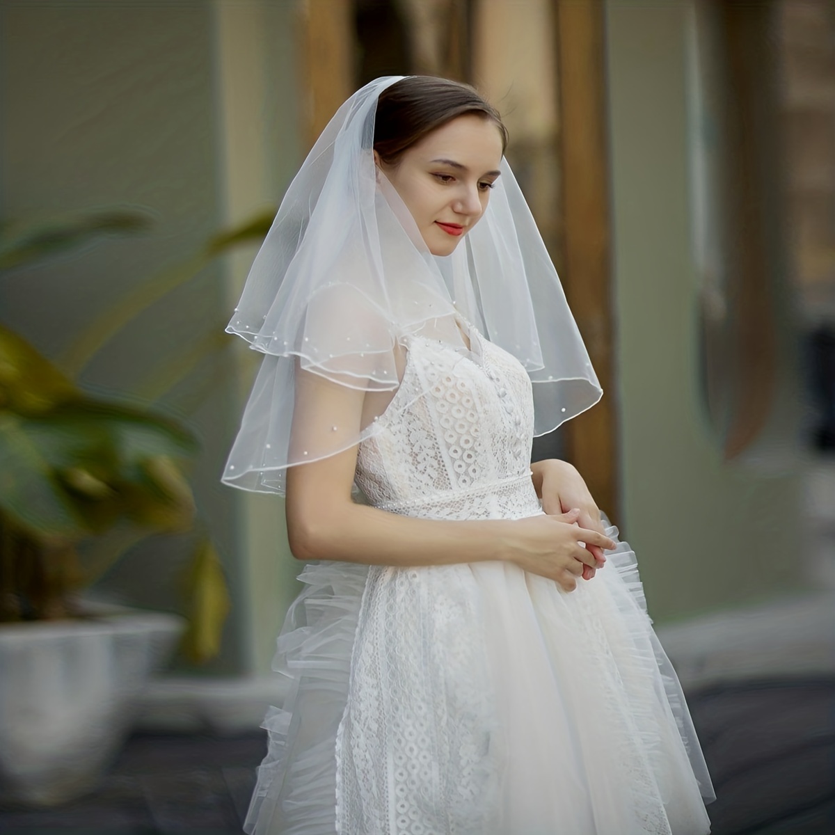 Short Bridal Veil Wedding Headwear Faux Pearl Small Veil - Temu