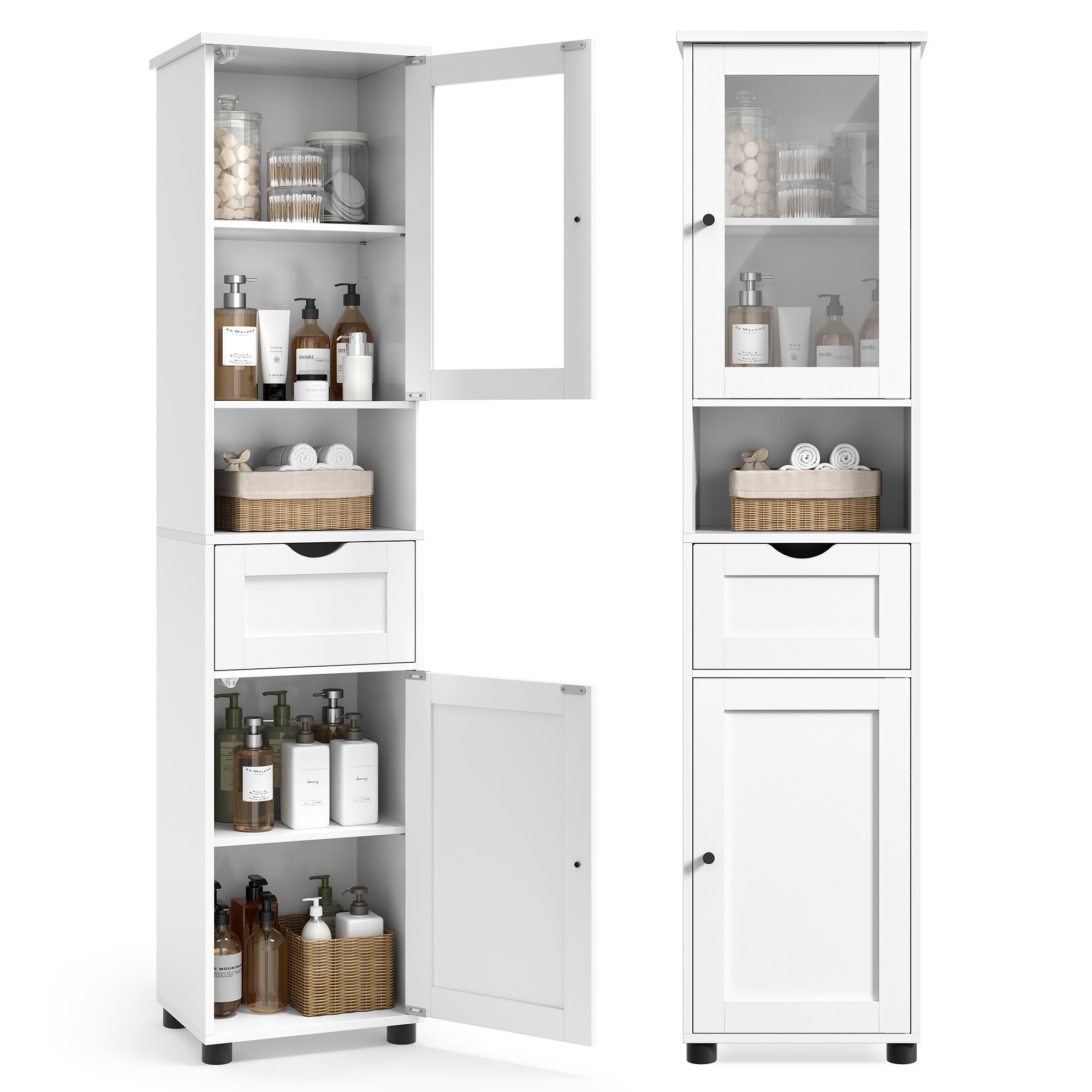 Image of Tall Bathroom Cabinet Free Standing Slim Bathroom Storage Cupboard With Open Shelf Glass Door Water-resistant Feet Height Adjustable Shelves Space-, Storage Drawer Units