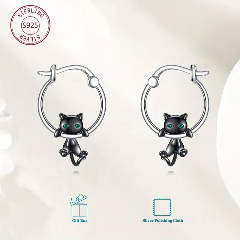 925 sterling silvery black cat ear dangle earrings cute cartoon hypoallergenic synthetic stone no power needed daily wear gift cat accessories casual jewelry minimalist jewelry durable jewelry Product details 4