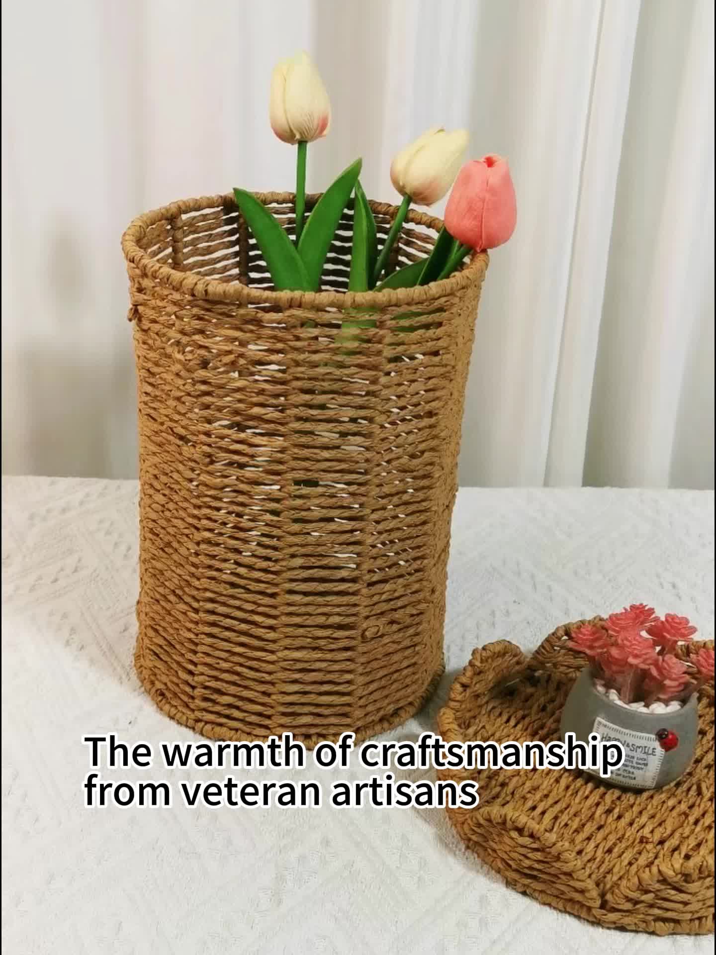 Nordic-Style Woven Trash Can with Lid for Household Use
