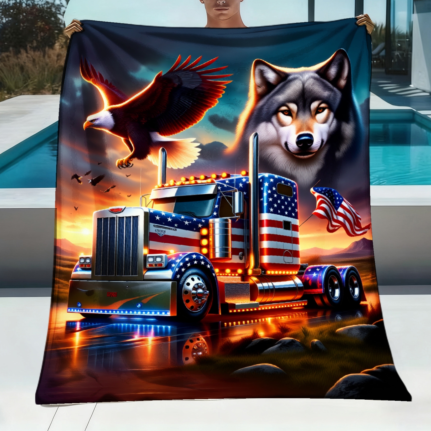 Image of 1pc Joocar American Flag Eagle Wolf Truck - Soft Flannel Blanket Suitable For , - Cozy For Car, Sofa,, Machine Washable, Valentine's Day, Thanksgiving ( Truck-themed)