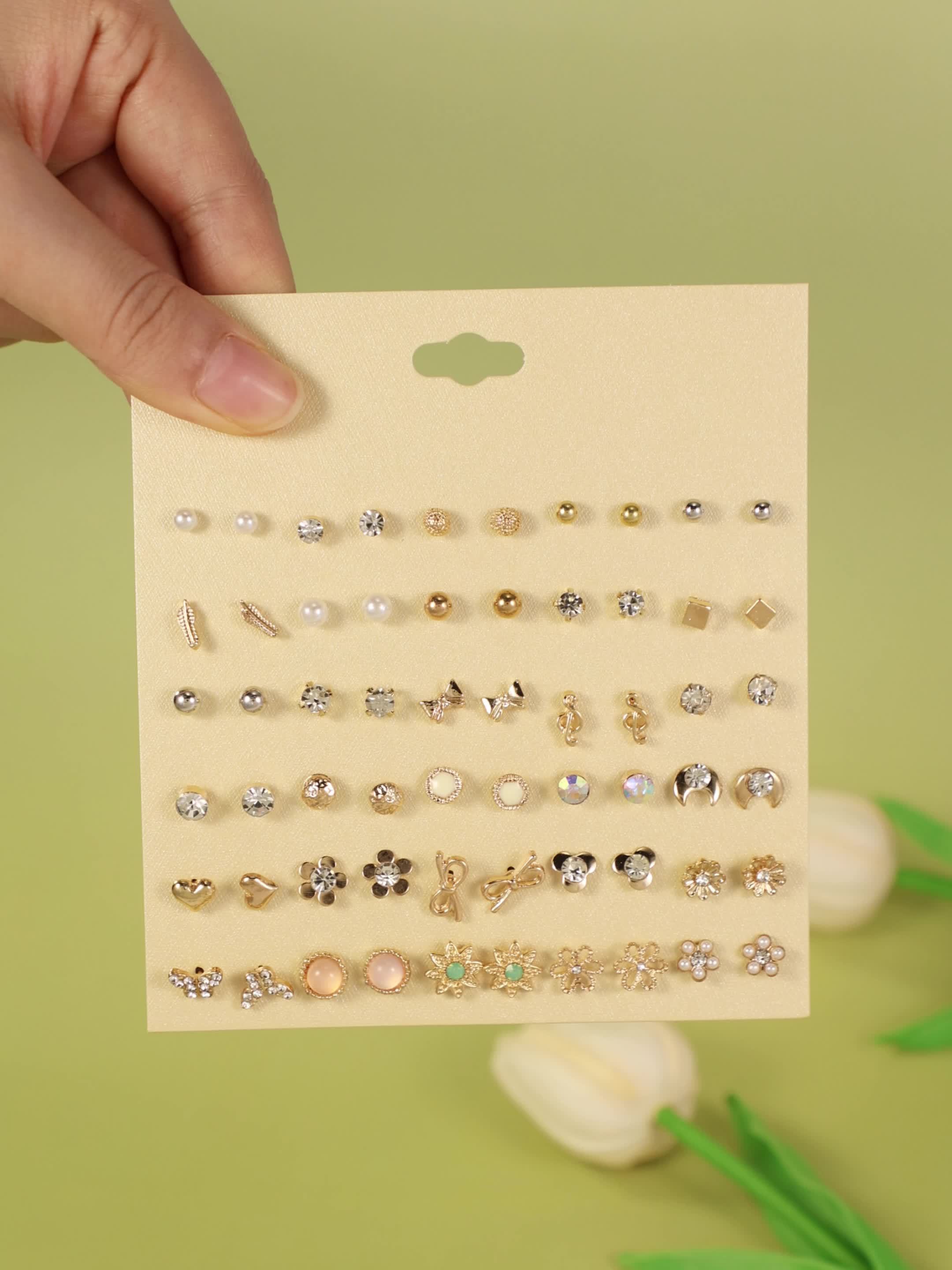 60pcs Women's Cute Stud Earrings Set, Floral & Heart Designs