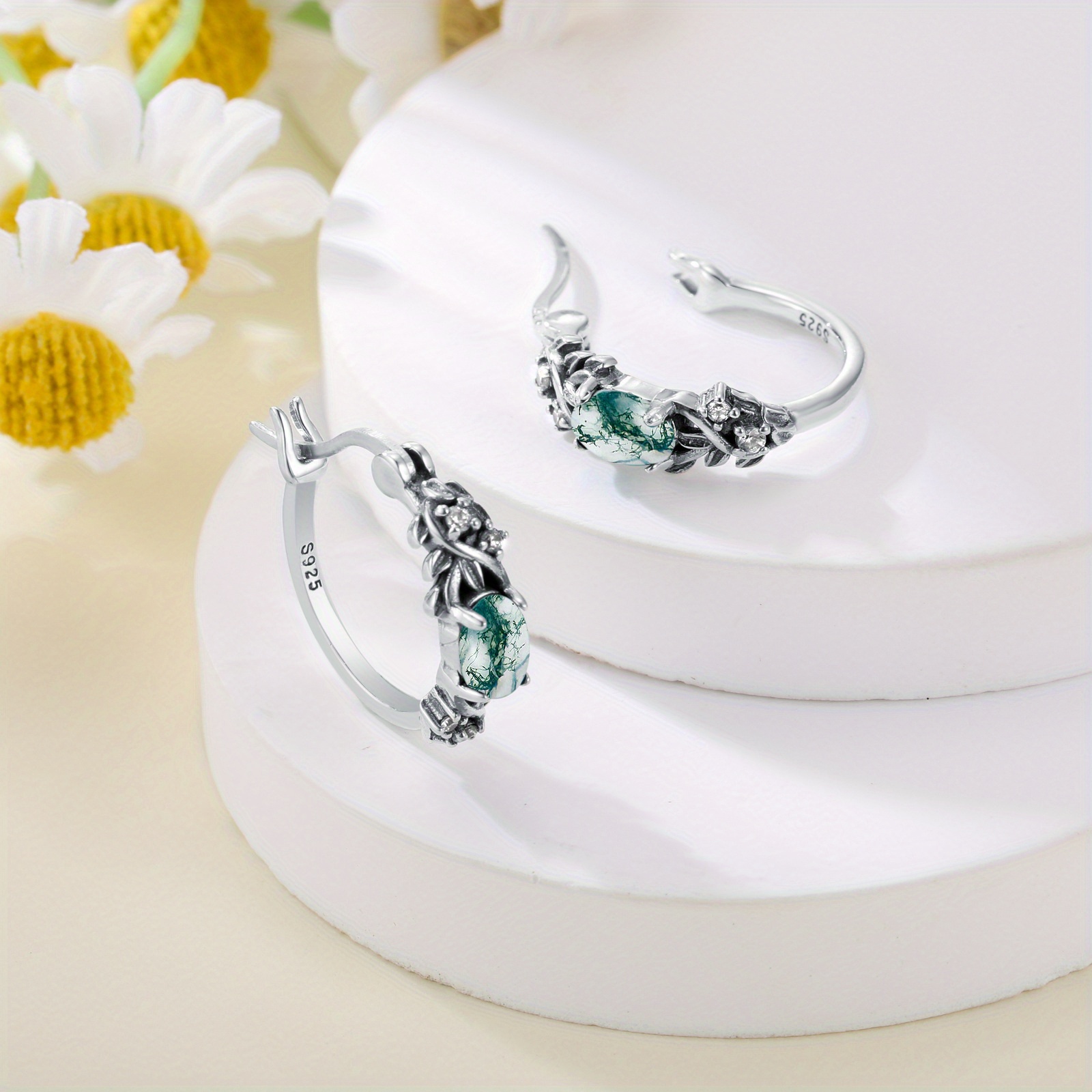 vintage leaf moss agate hoop earrings 925 sterling silver oval   agate with retro leaf hoop earrings for women gifts Product details 2