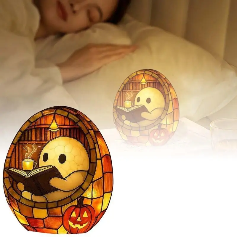 halloween reading light cute led book night light with ghost reader shape portable battery powered bedside lamp no sockets required book fans party decorations resin material usb powered adjustable brightness book decor festive lighting design durable plastic Product details 1