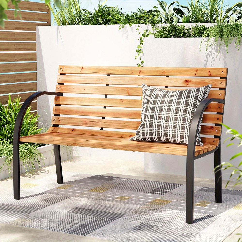 TEMU Gardeon Outdoor Garden Bench Seat 120cm Wooden Steel 2 Seater Patio Furniture Natural