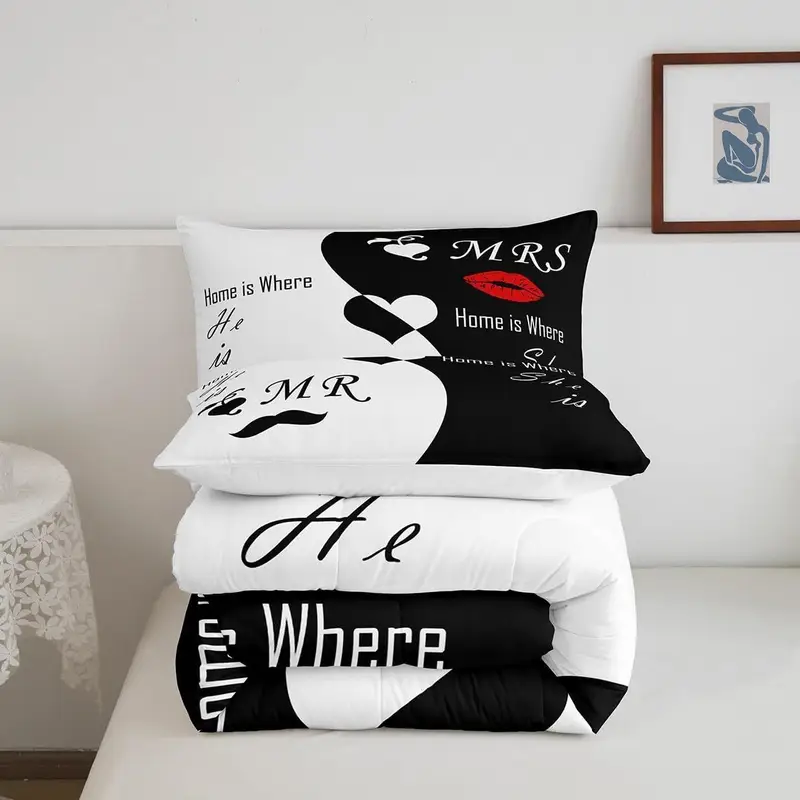 2 3pcs valentines day bedding set his and hers comforter set for women men black white comforter quilt set with 1 2 pillowcases room decor soft warm festival birthday gifts decoration ornaments Product details 5