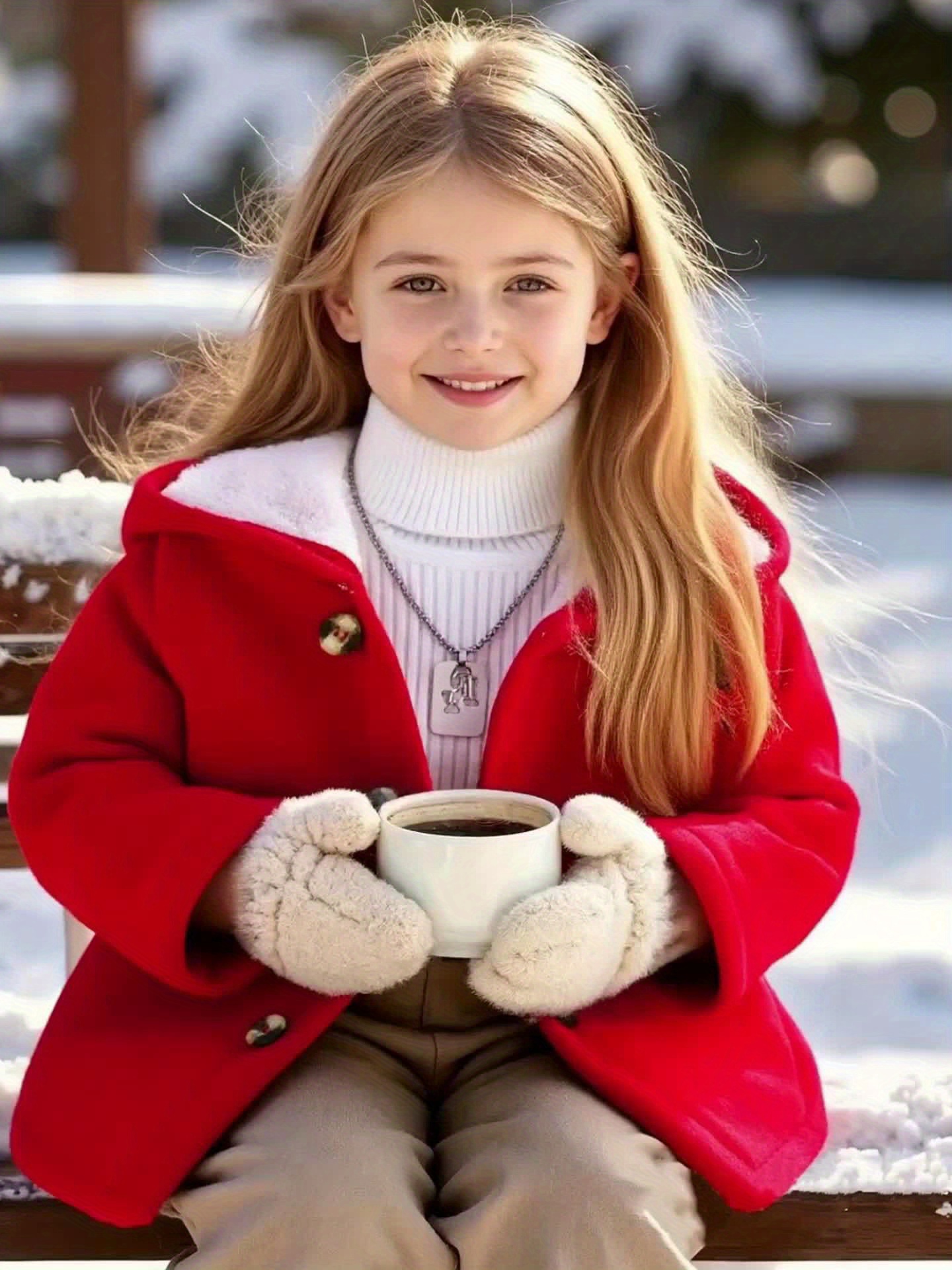 Girls' Thick Hooded Fleece Coat, Warm Button-Up Jacket