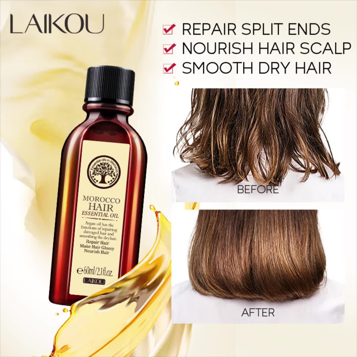 Laikou Morocco Hair Oil Smooth Dry Hair Essence Nourishing Repair Split Ends  60ml - Beauty & Personal Care - Temu
