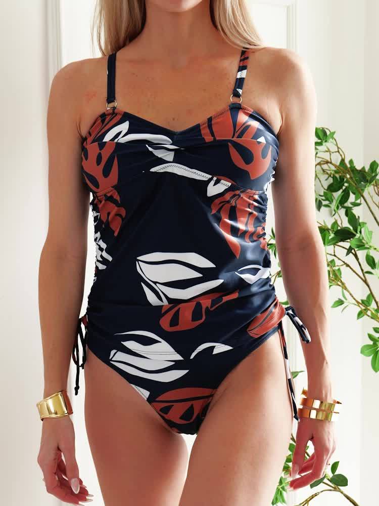 Eyelet Lace Patch Tropical Leaf Print Tankini Swimsuit Scoop - Temu