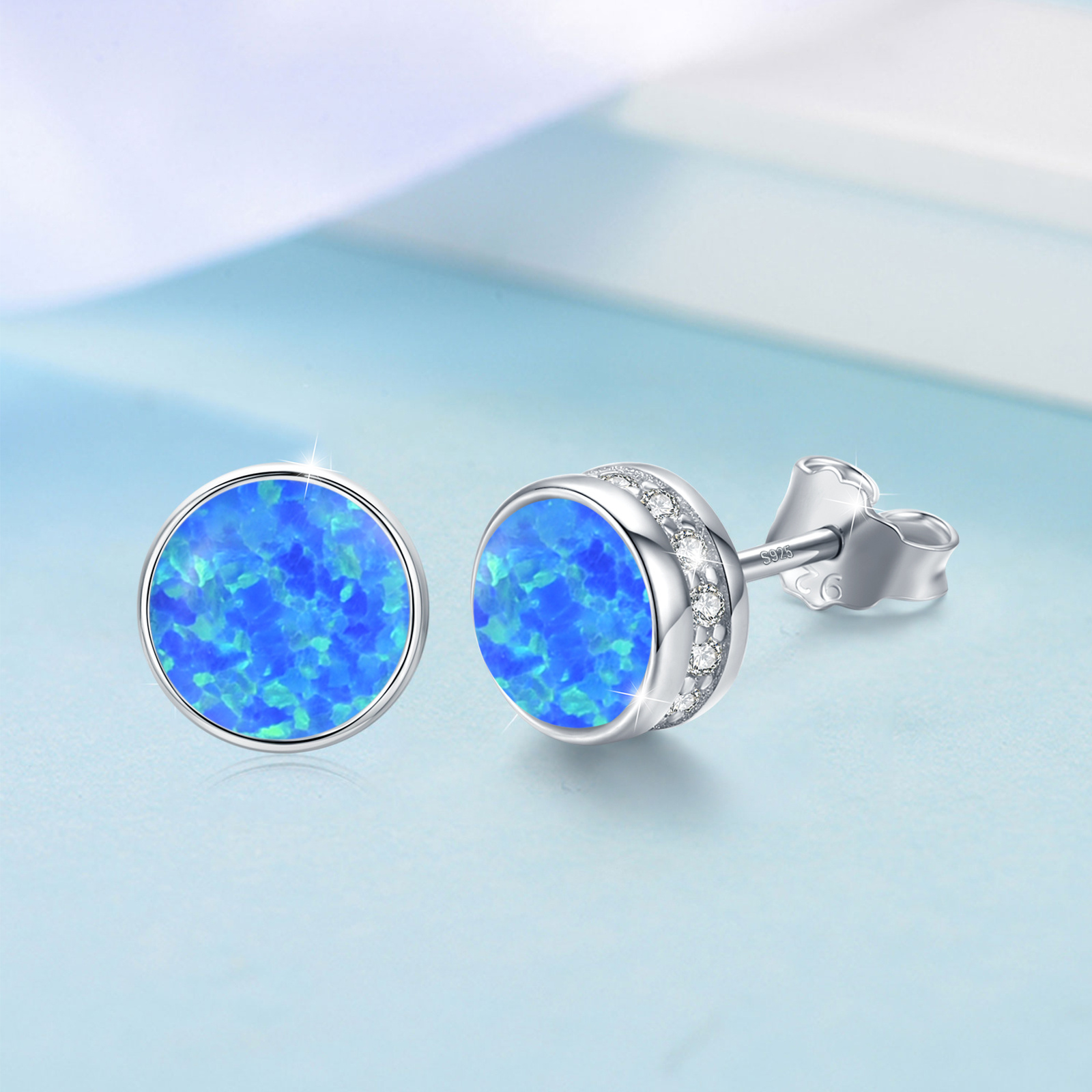Dark Blue Synthetic Opal Stud Earrings Made Of Hypoallergenic 925 Sterling Silver, Designed For Women And, Measuring 7 Mm