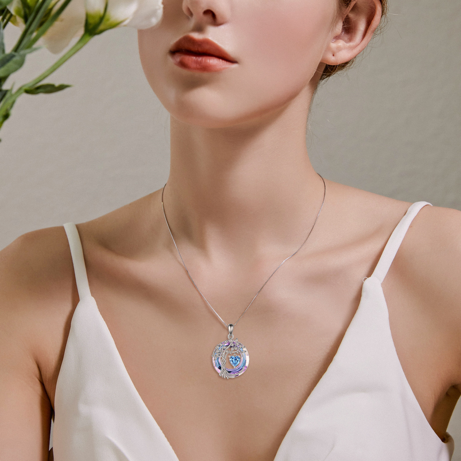 Tree of Life Birthstone Necklace with Blue Topaz Pendant