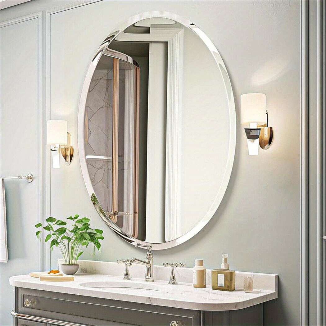 TEMU 1pc Oval Bevelled Wall Mirror, Large Frameless Hand-polished Mirror, Silver Hd Bathroom Mirror, High-quality Decoration For Living Room Bedroom