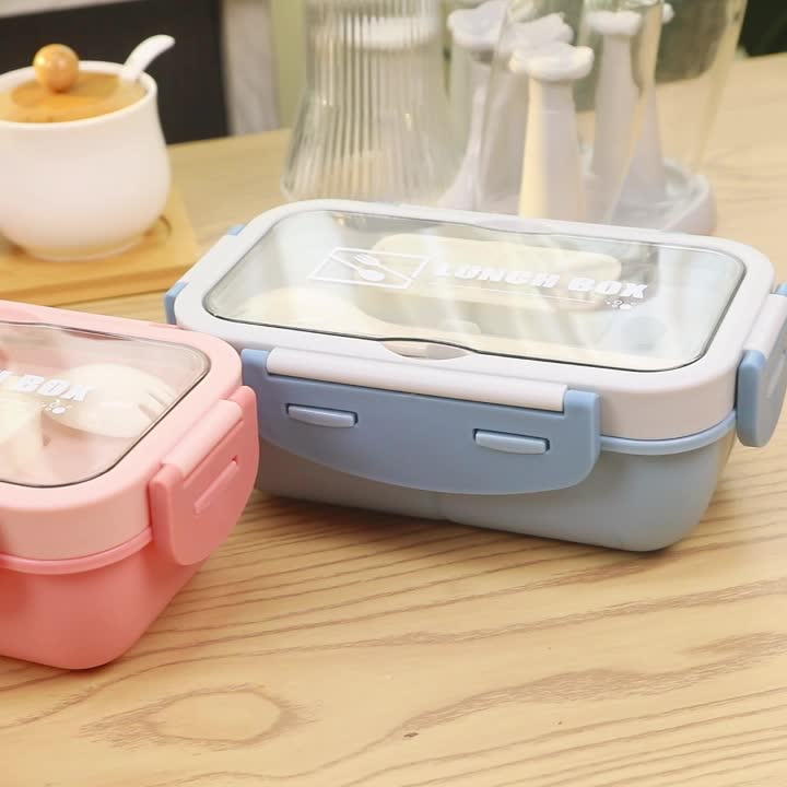 Large Capacity Lunch Box With Tableware and Grids Double Snap Rectangle Divided