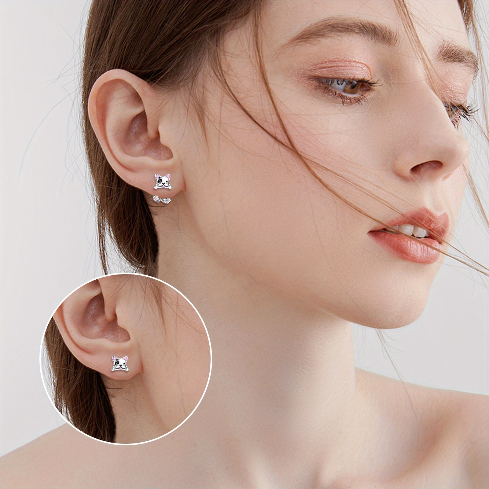 925 sterling silvery french bulldog dangle earrings dual layered design synthetic stone platinum plated   versatile jewelry for daily wear gifting cute earrings Product details 3