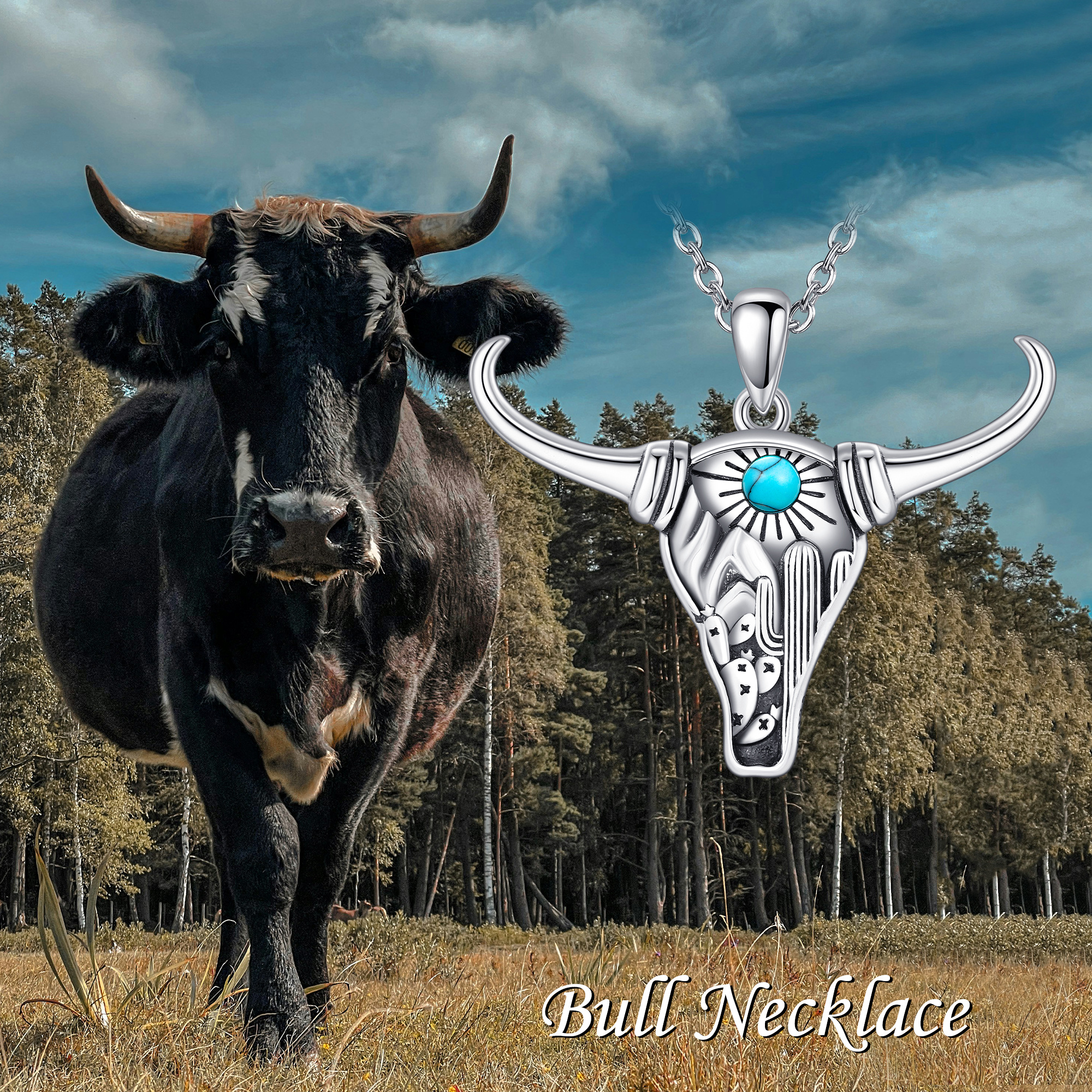 925 Sterling Silver Bull Necklace with Synthetic Turquoise, Unisex Gift