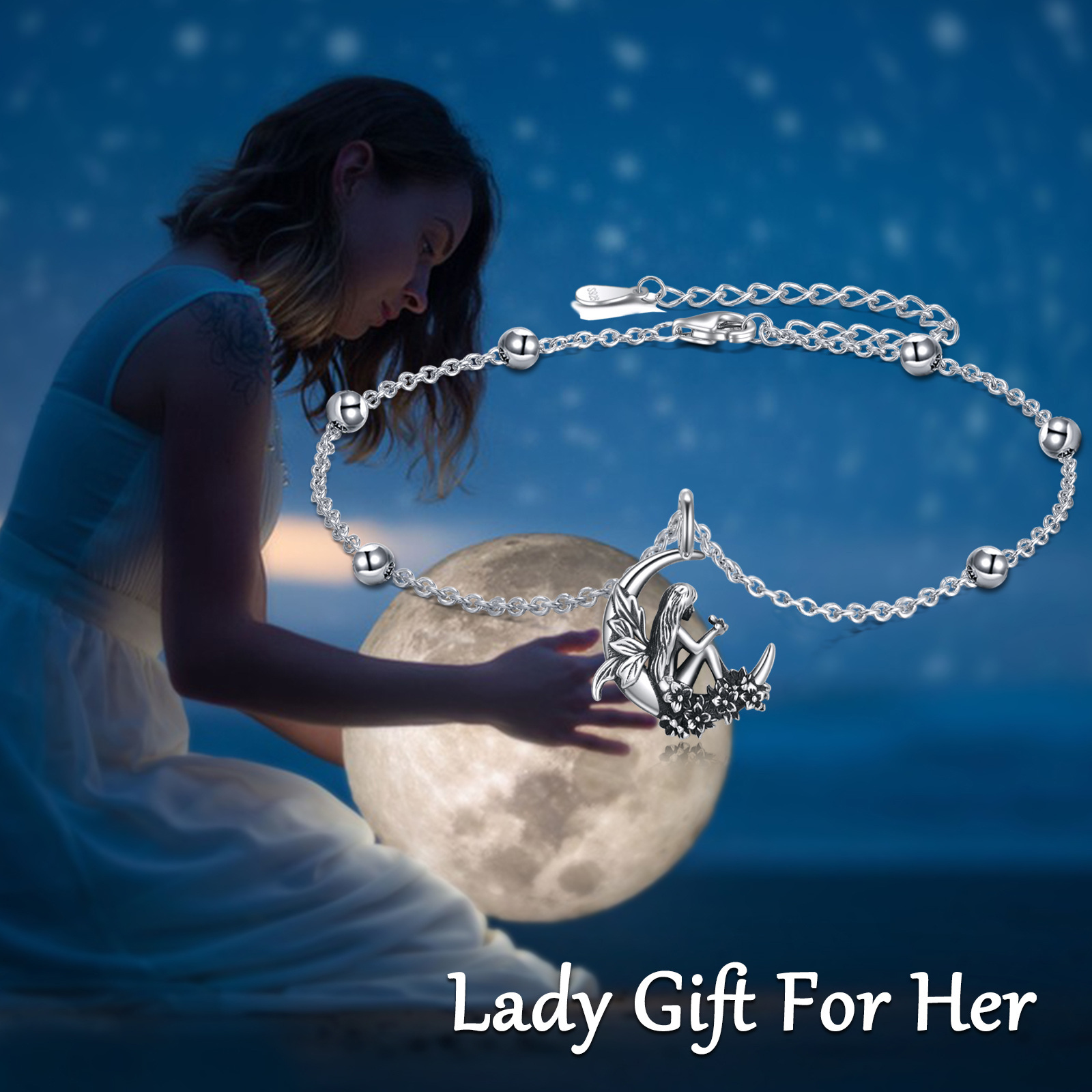 Sterling Silver Fairy Moon Bracelet for Women