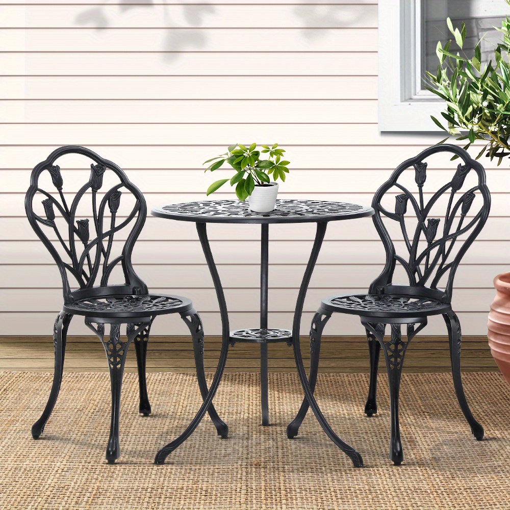 TEMU Gardeon 3pcs Outdoor Bistro Set With Table & 2 Chairs - Heavy-duty Cast Aluminum Black Patio Furniture, Resistant, Ornate Backrests & Round