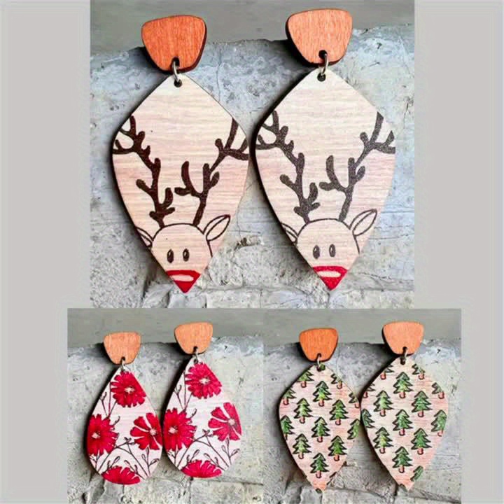 Vintage Wooden Forest Style Geometric Earrings