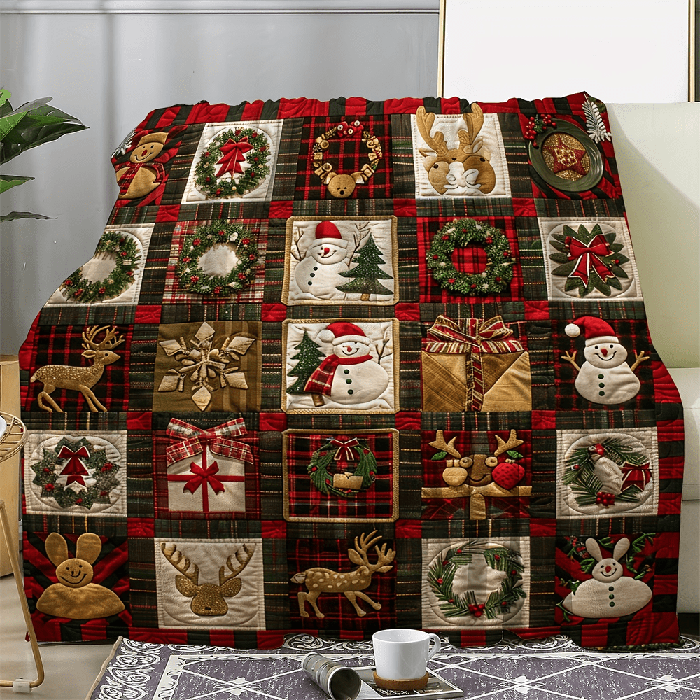 TEMU 2d 1pc Cozy Vintage Flannel Blanket - Snowman, Reindeer, And Garland Patterns | Soft And Warm, Perfect For Sofa, Car, Office | Gift Blanket With