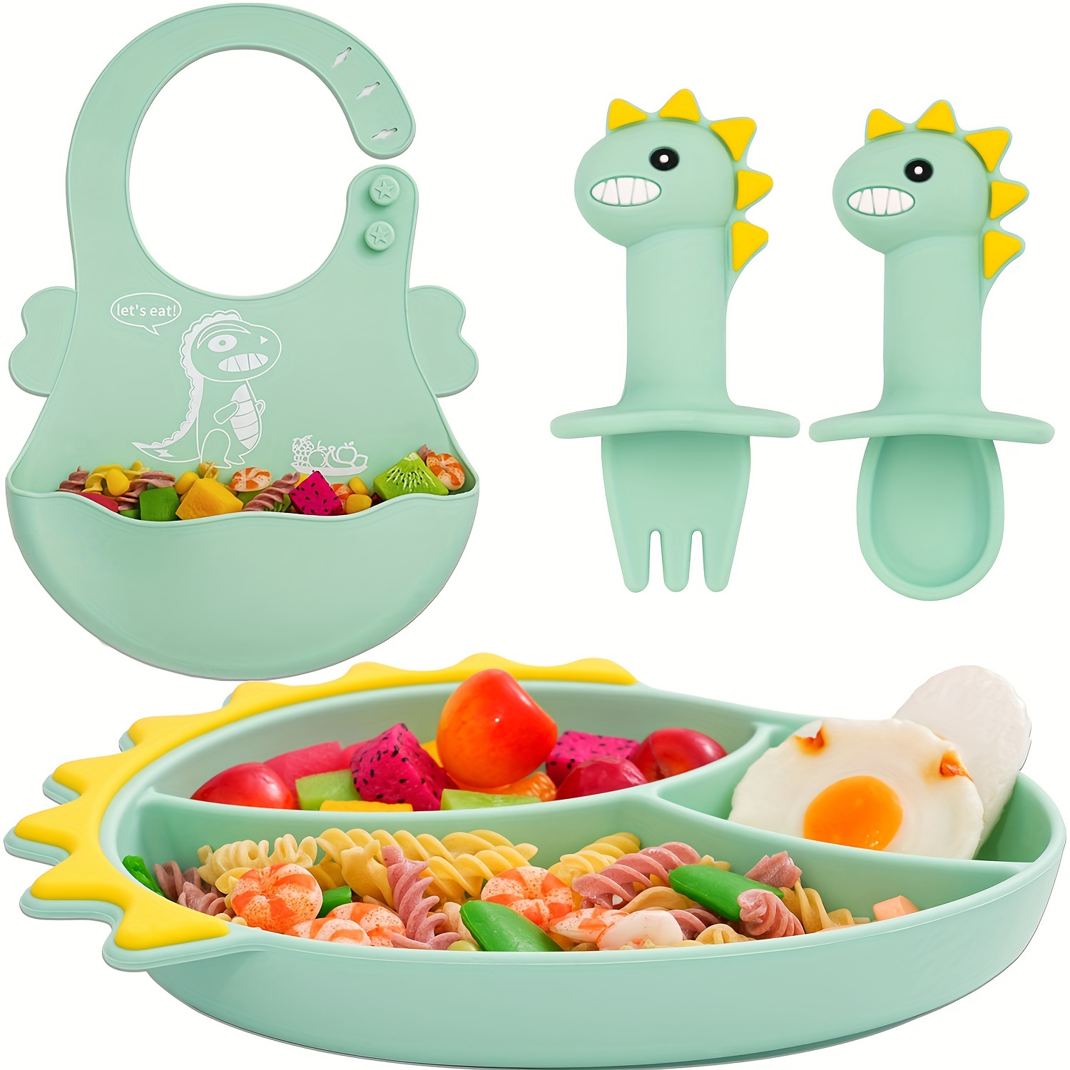 Wholesale Silicone Suction Plate Dinosaur Shape Feeding Adjustable Bib Baby  Feeding Set Manufacturer and Supplier