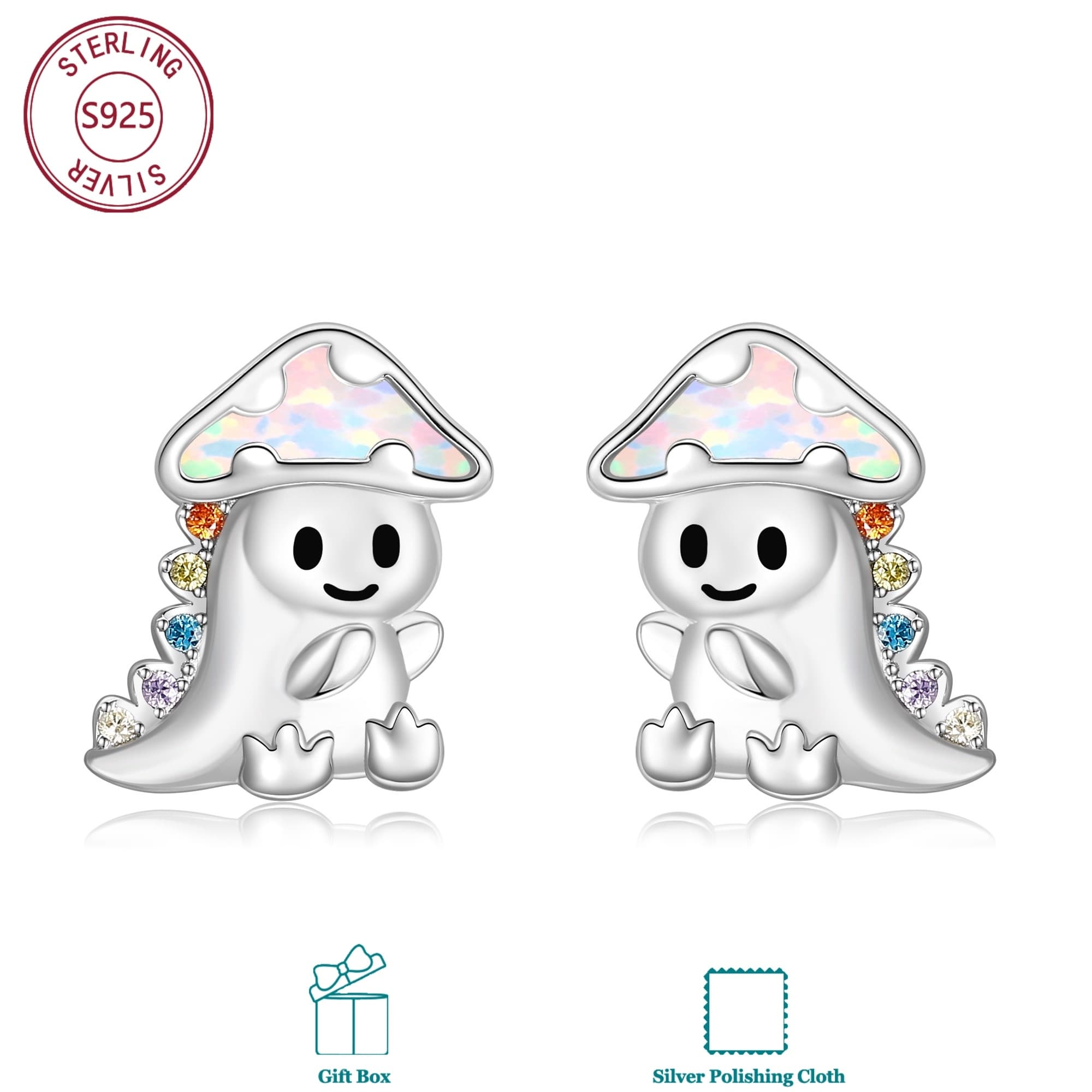 Image of 925 Sterling Silver Synthetic Opal Mushroom Dinosaur Stud Earrings For Everyday Men And Women; Birthday Presents; Christmas Gifts; Meaningful Gifts; For