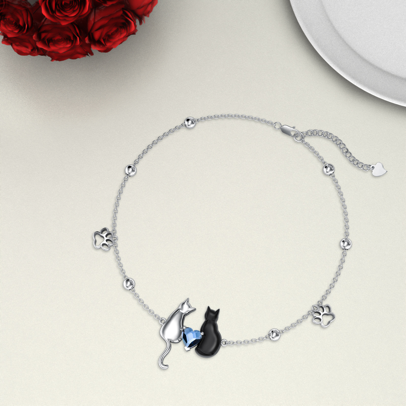 925 Silver Cat & Paw Print Heart Chain Bracelet