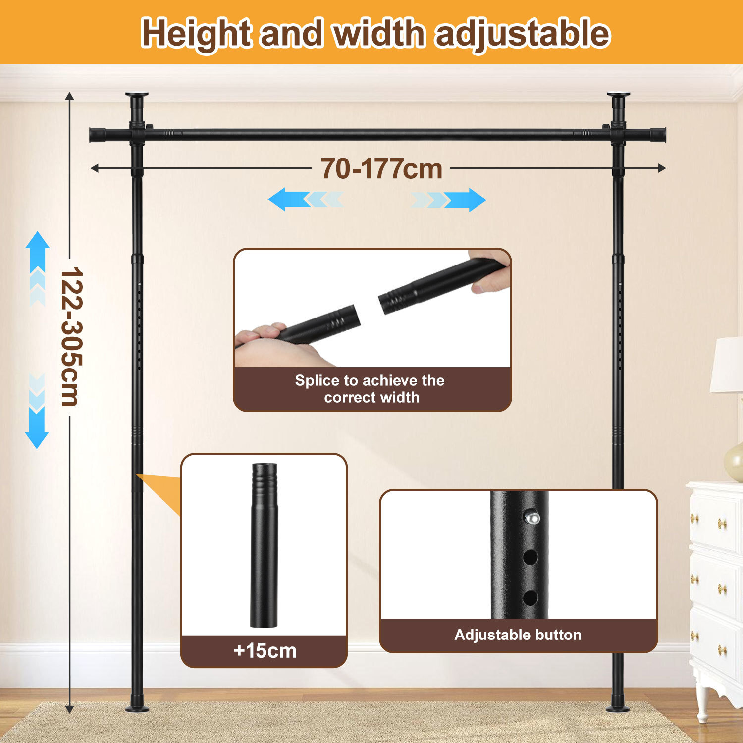 Image of Curtain Rod Ceiling Support Complete Set For Floor-length Curtains, Stable With Extension - Includes All Accessories For Windows Or Room Dividers, ()