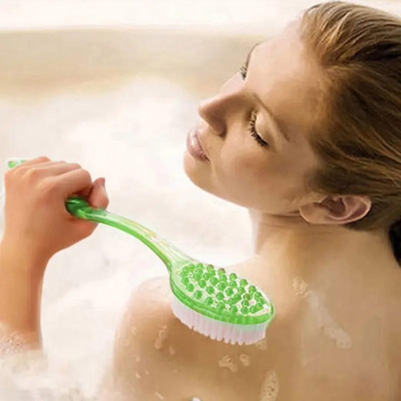 1pc long handle bath shower brush with exfoliating bristles green ergonomic body massager durable bristles for deep cleansing light beige scrub shower bath use manual operation no electricity bathroom kitchen Product details 2