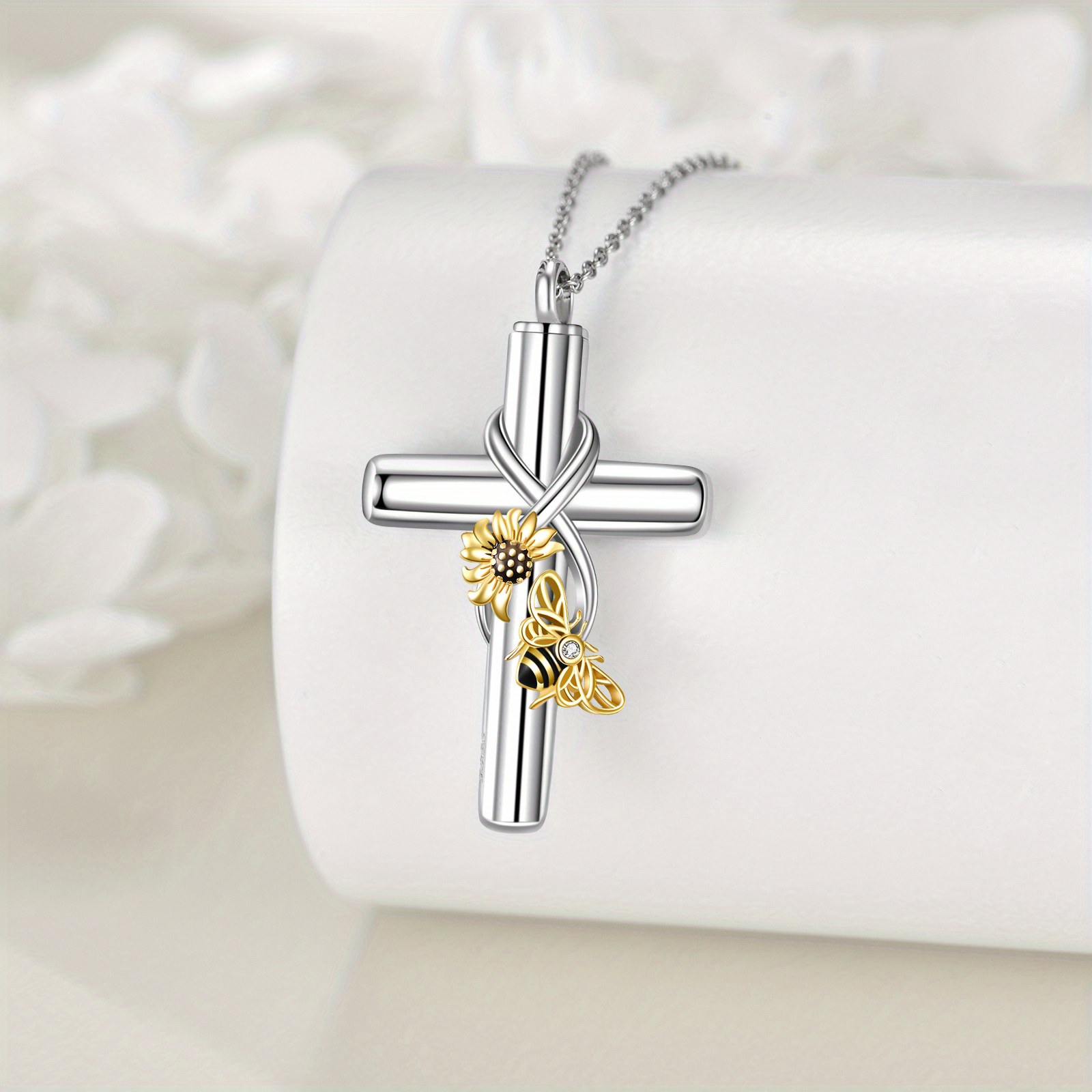 Sterling Silver Cross Urn Necklace with Zirconia Pendant
