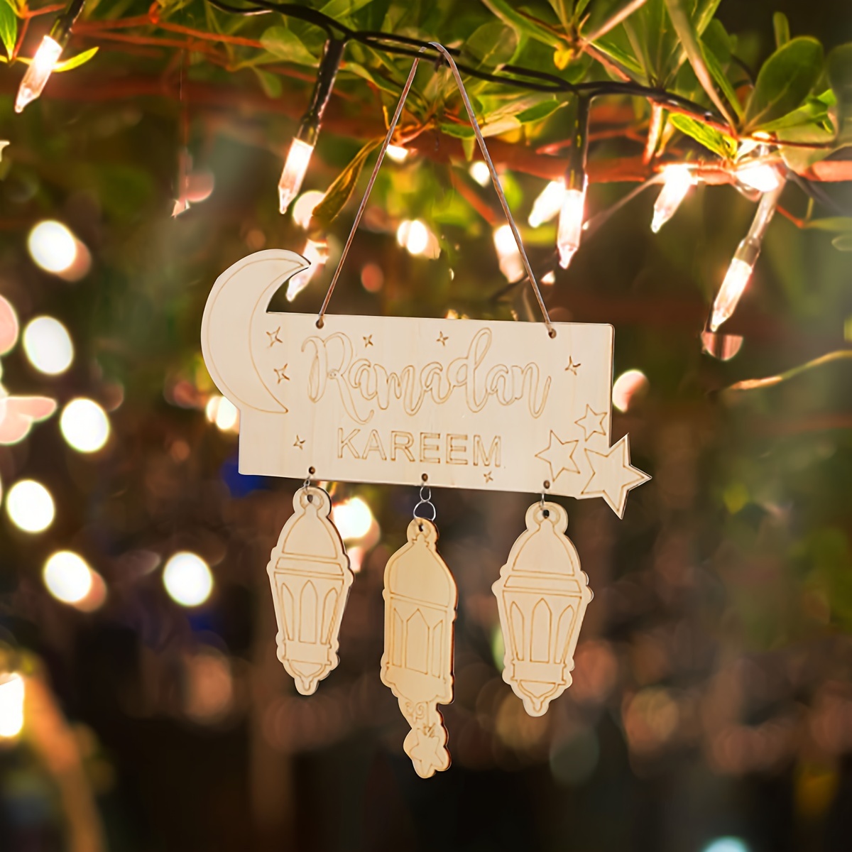 Pendentif en bois de l'Aïd Moubarak avec bougies à led Lumière Ramadan  Décorations pour la maison Parti islamique Musulman Eid Decor Kareem Ramadan  Multi-style