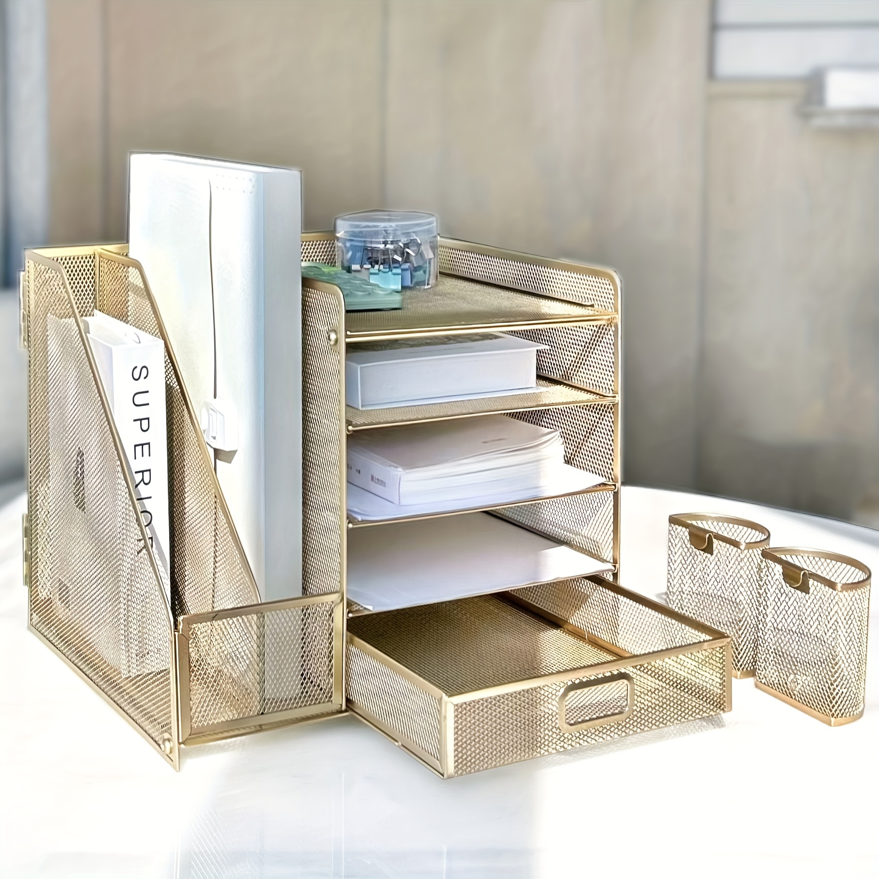 Bandeja apilable de 4 niveles, organizador de escritorio de oficina y  soporte de escritorio para accesorios de cartas de papel, paquete de  descuento
