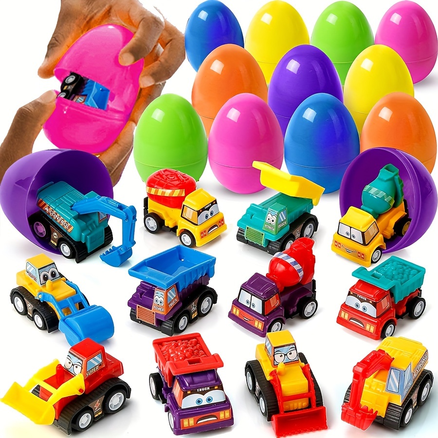 Fun Little Toys 12 Pcs Filled Easter Eeggs with Vehicles Building Blocks  Easter Basket Stuffers Bulk Prefilled Easter Eggs with Small Toys Inside  Party Favors for Kids Toddler Boys and Girls 