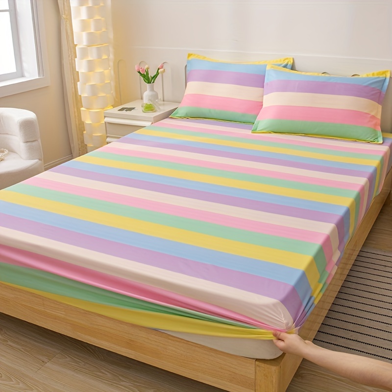 1pc Velvet Thick Fitted Sheet, Love Rainbow Striped Print Soft Comfortable  Warm Autumn And Winter Bedding Mattress Protector, For Bedroom Guest Room D