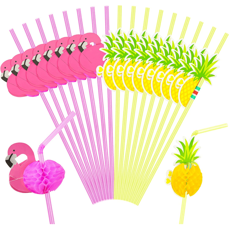 50 Pieces Flamingo Pineapple Straws Flamingo Paper Straw Decorations  Disposable Drinking Straws Honeycomb Cocktail Straws for Pool Hawaiian Luau  Party