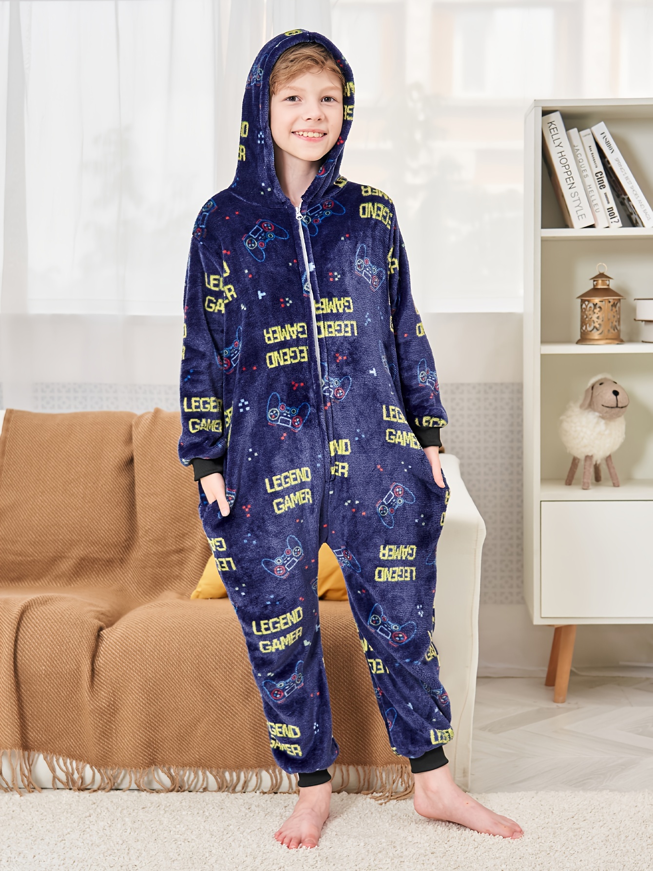 Kid's Flannel One-piece Pajamas, Solid Color/cartoon Pattern Zip Up Hooded  Fleece PJ, Boy's Thermal Loungewear
