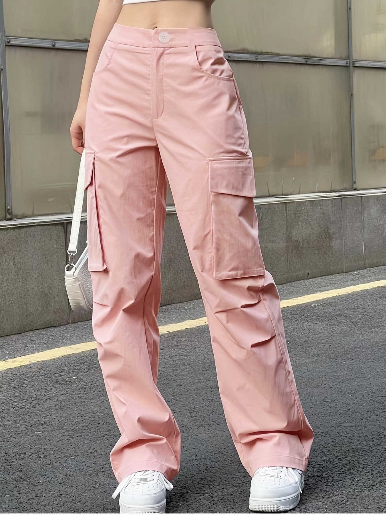Pink Flap Pockets Cargo Pants, Ripped Holes Loose Fit Distressed Wide Legs  Jeans, Y2K & Kpop Women's Denim Jeans & Clothing