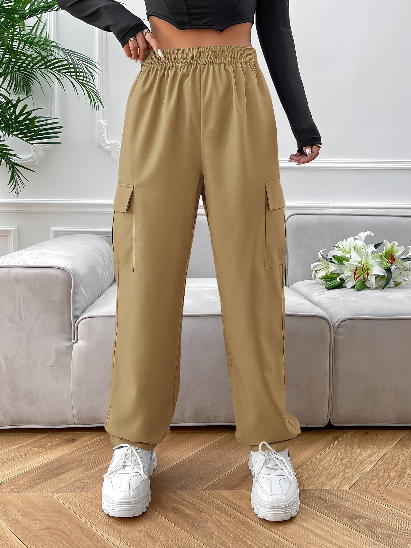 Pantalones cargo para mujer con bolsillos, ajuste holgado, cintura alta,  cintura elástica, ligeros, para trabajo al aire libre, pantalones de pierna