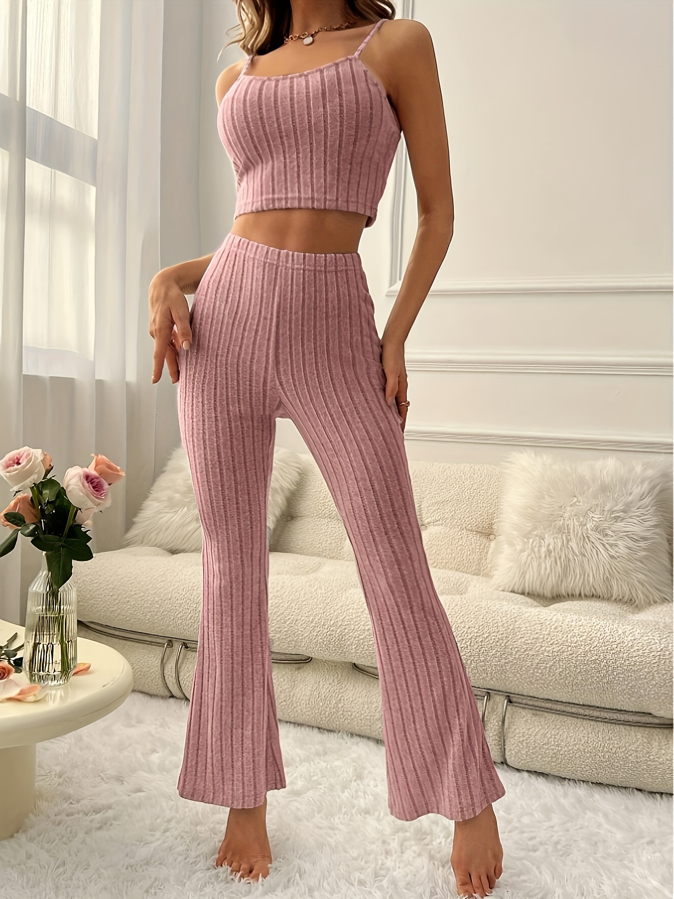 Solid Ribbed Two-piece Set, Slit Hem Sleeveless Tube Top & Flare Leg Pants  Outfits, Women's Clothing