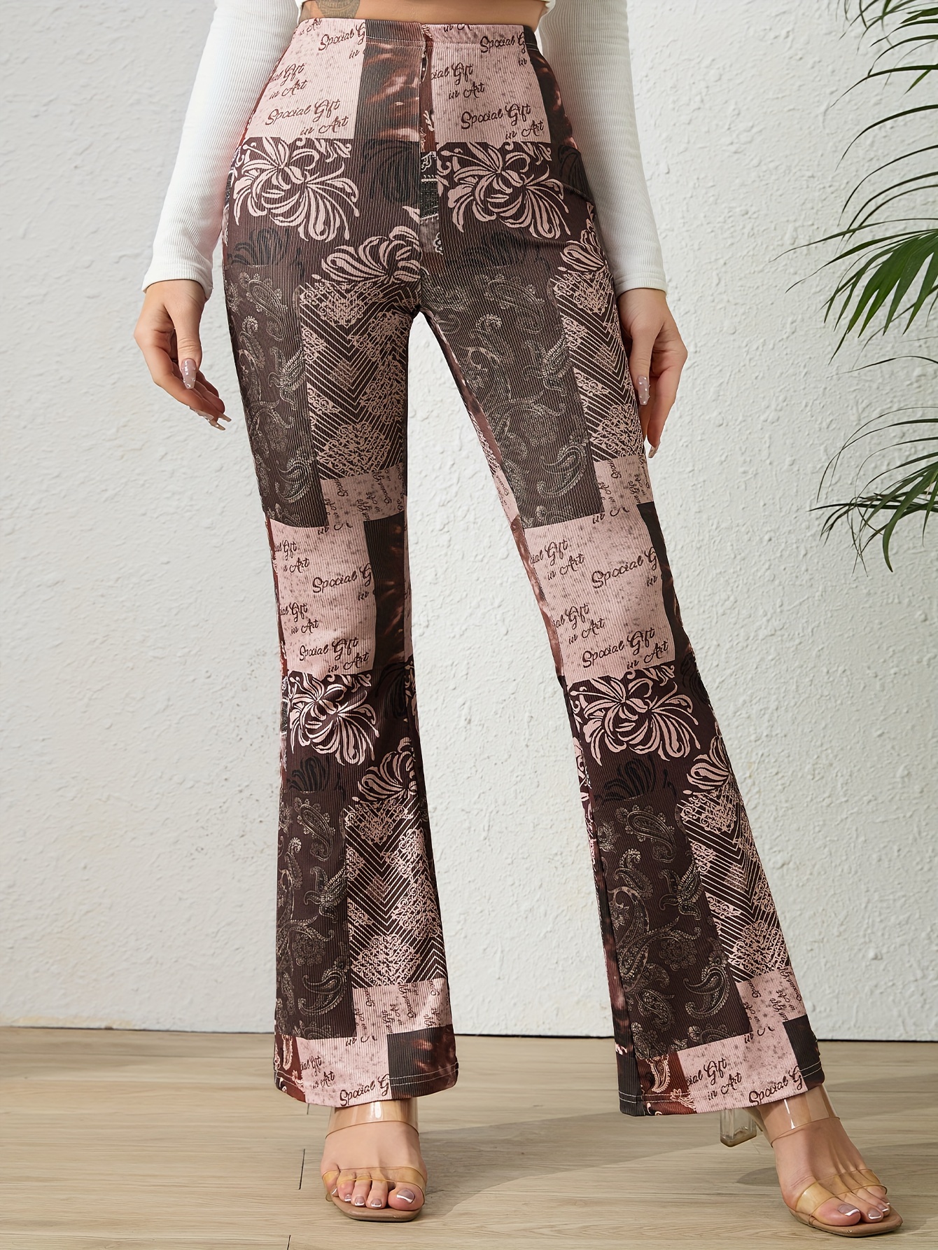 Floral Print Flare Leg Pants Boho Forbidden Pants Spring - Temu Malaysia