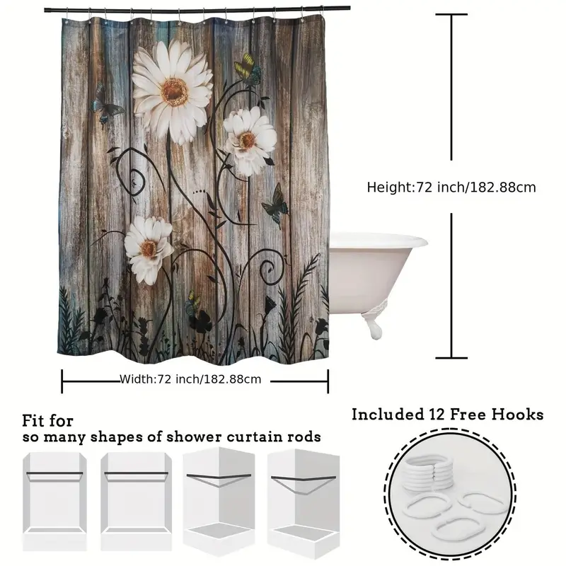 1pc grey floral shower curtain butterfly daisy bath curtain with 12 hooks water resistant polyester 72 72 inches bathroom decor details 4