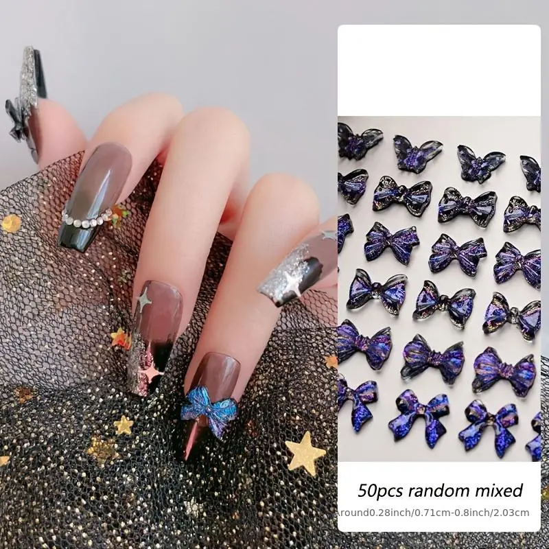 50 Pcs 3D Glitter Purple Nail Charms Colorful Dark Style Bow 3D Nail Art  Charms For Nail Art Design
