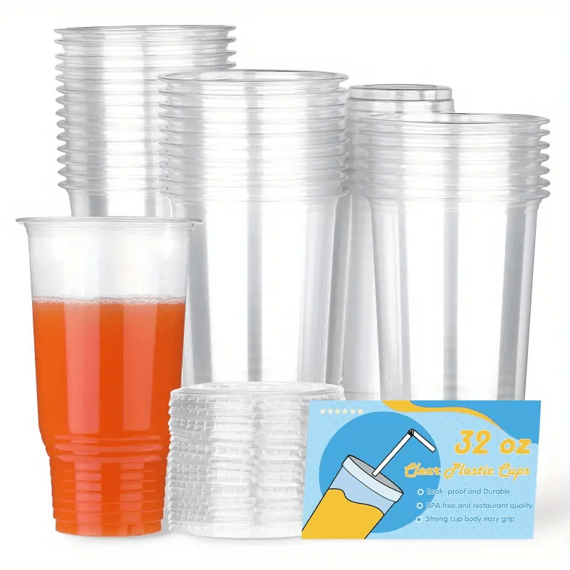 100 Pack] 32 oz Clear Plastic Cups with Flat Lids, Disposable Iced